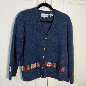 Vintage Marisa Christina Cardigan Womens L Teddy Bear Flag Blue Wool Granny